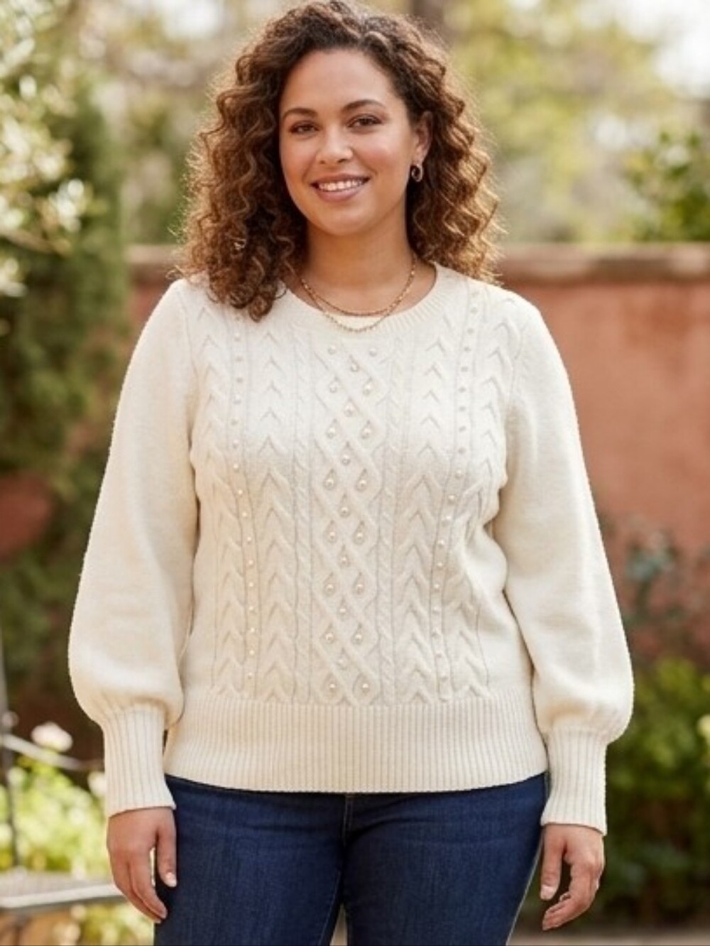 Worthington Women's Sweater in Cream with White Pearls & Raised Knit Pattern XL